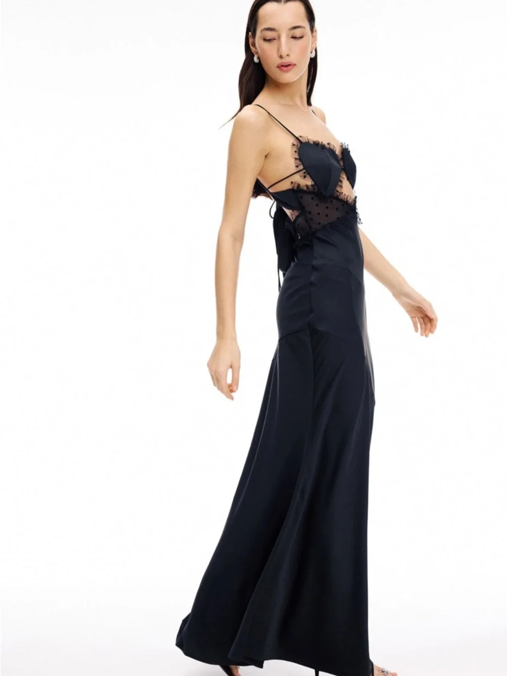 For Love And Lemons Black Satin & Sheer Heart-Cup Slip Gown - Picture 3 of 7